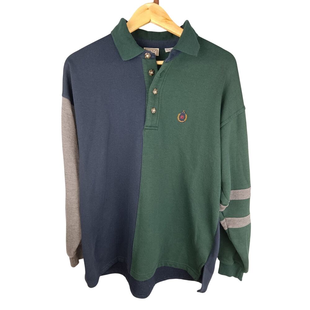 Vintage 90's Bugle Boy Green & Navy Long-Sleeve  Rugby Color Block  Polo